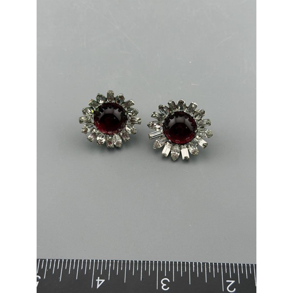Vintage Earrings Red Glass Cabochon Baguette Marquise Rhinestone Surround Clip
